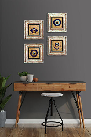 Nazar Taş Duvar Tablosu Çerçeveli Duvar Dekoru 4 Parça Tablo Seti Wall Art