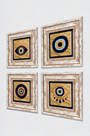 Nazar Taş Duvar Tablosu Çerçeveli Duvar Dekoru 4 Parça Tablo Seti Wall Art