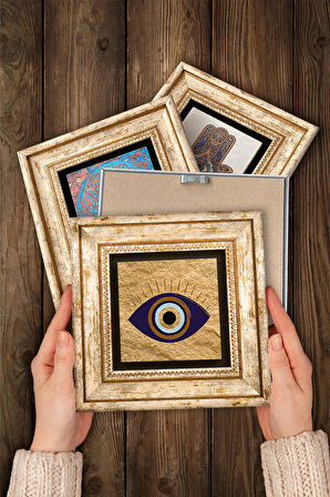 Nazar Taş Duvar Tablosu Çerçeveli Duvar Dekoru 4 Parça Tablo Seti Wall Art