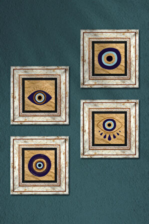 Nazar Taş Duvar Tablosu Çerçeveli Duvar Dekoru 4 Parça Tablo Seti Wall Art