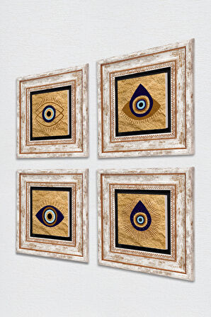 Nazar Taş Duvar Tablosu Çerçeveli Duvar Dekoru 4 Parça Tablo Seti Wall Art