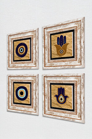 Fatma Ana Eli (Hamsa), Nazar Taş Duvar Tablosu Çerçeveli Duvar Dekoru 4 Parça Tablo Seti Wall Art