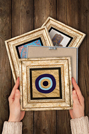 Fatma Ana Eli (Hamsa), Nazar Taş Duvar Tablosu Çerçeveli Duvar Dekoru 4 Parça Tablo Seti Wall Art