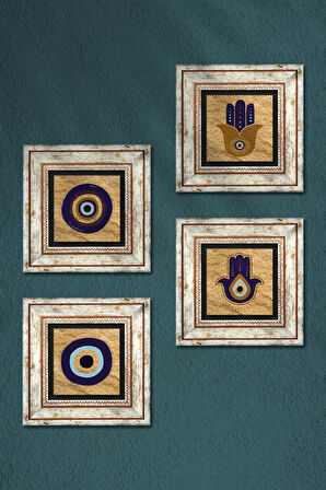 Fatma Ana Eli (Hamsa), Nazar Taş Duvar Tablosu Çerçeveli Duvar Dekoru 4 Parça Tablo Seti Wall Art