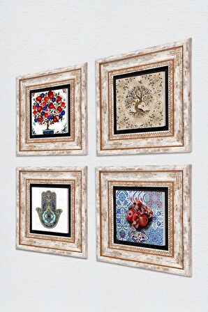 Hayat Ağacı, Nar, Nar Ağacı, Fatma Ana Eli (Hamsa) Taş Duvar Tablosu Çerçeveli Duvar Dekoru 4 Parça Tablo Seti Wall Art