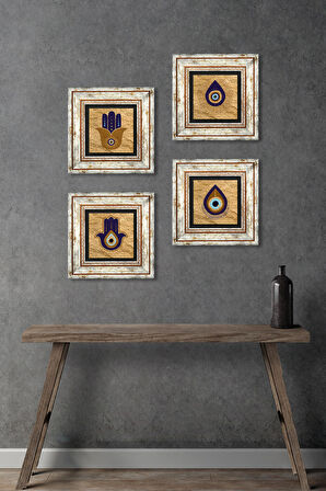 Fatma Ana Eli (Hamsa), Nazar Taş Duvar Tablosu Çerçeveli Duvar Dekoru 4 Parça Tablo Seti Wall Art