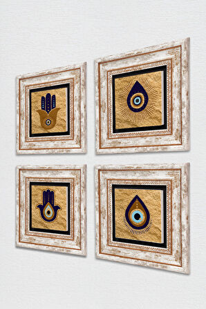 Fatma Ana Eli (Hamsa), Nazar Taş Duvar Tablosu Çerçeveli Duvar Dekoru 4 Parça Tablo Seti Wall Art