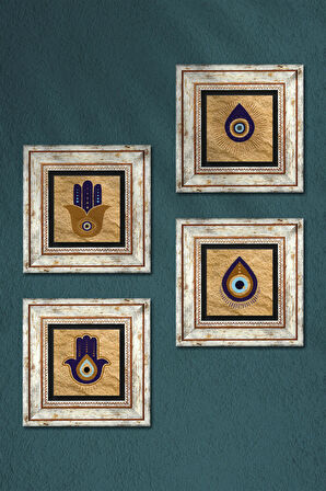 Fatma Ana Eli (Hamsa), Nazar Taş Duvar Tablosu Çerçeveli Duvar Dekoru 4 Parça Tablo Seti Wall Art