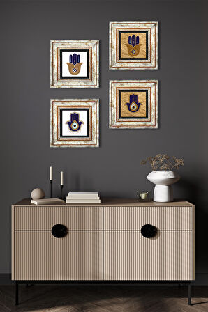 Fatma Ana Eli (Hamsa) Taş Duvar Tablosu Çerçeveli Duvar Dekoru 4 Parça Tablo Seti Wall Art