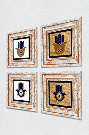 Fatma Ana Eli (Hamsa) Taş Duvar Tablosu Çerçeveli Duvar Dekoru 4 Parça Tablo Seti Wall Art