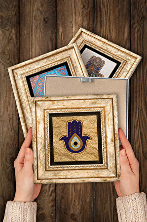 Fatma Ana Eli (Hamsa) Taş Duvar Tablosu Çerçeveli Duvar Dekoru 4 Parça Tablo Seti Wall Art