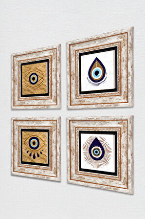 Nazar Taş Duvar Tablosu Çerçeveli Duvar Dekoru 4 Parça Tablo Seti Wall Art
