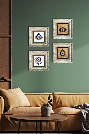 Nazar Taş Duvar Tablosu Çerçeveli Duvar Dekoru 4 Parça Tablo Seti Wall Art