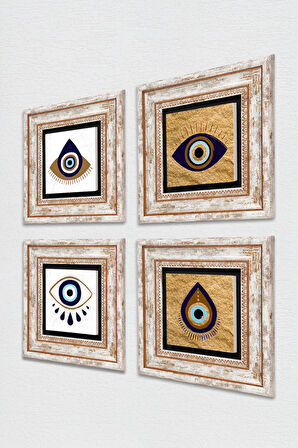 Nazar Taş Duvar Tablosu Çerçeveli Duvar Dekoru 4 Parça Tablo Seti Wall Art