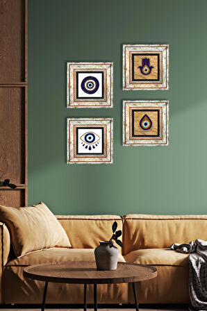 Fatma Ana Eli (Hamsa), Nazar Taş Duvar Tablosu Çerçeveli Duvar Dekoru 4 Parça Tablo Seti Wall Art