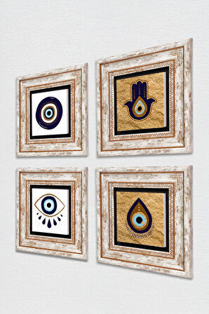 Fatma Ana Eli (Hamsa), Nazar Taş Duvar Tablosu Çerçeveli Duvar Dekoru 4 Parça Tablo Seti Wall Art
