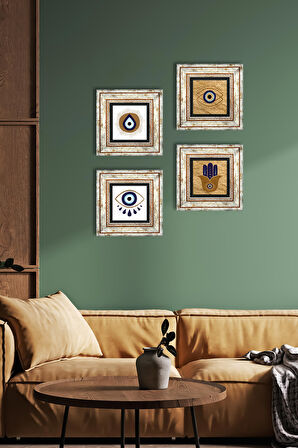 Fatma Ana Eli (Hamsa), Nazar Taş Duvar Tablosu Çerçeveli Duvar Dekoru 4 Parça Tablo Seti Wall Art