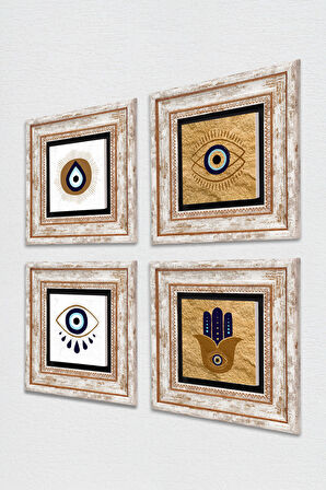 Fatma Ana Eli (Hamsa), Nazar Taş Duvar Tablosu Çerçeveli Duvar Dekoru 4 Parça Tablo Seti Wall Art