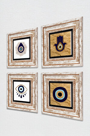 Fatma Ana Eli (Hamsa), Nazar Taş Duvar Tablosu Çerçeveli Duvar Dekoru 4 Parça Tablo Seti Wall Art