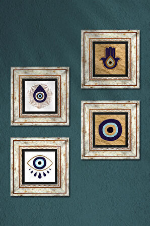 Fatma Ana Eli (Hamsa), Nazar Taş Duvar Tablosu Çerçeveli Duvar Dekoru 4 Parça Tablo Seti Wall Art