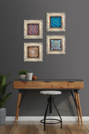Mandala Taş Duvar Tablosu Çerçeveli Duvar Dekoru 4 Parça Tablo Seti Wall Art