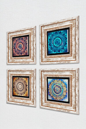 Mandala Taş Duvar Tablosu Çerçeveli Duvar Dekoru 4 Parça Tablo Seti Wall Art