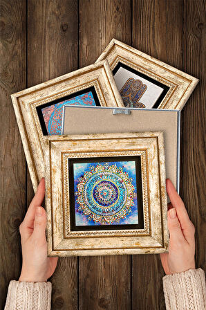 Mandala Taş Duvar Tablosu Çerçeveli Duvar Dekoru 4 Parça Tablo Seti Wall Art