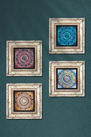 Mandala Taş Duvar Tablosu Çerçeveli Duvar Dekoru 4 Parça Tablo Seti Wall Art
