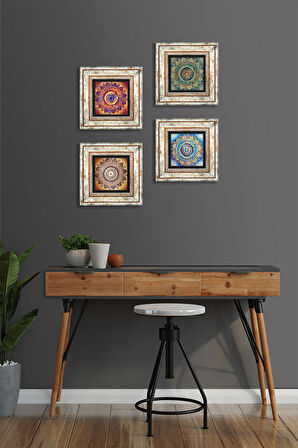 Mandala Taş Duvar Tablosu Çerçeveli Duvar Dekoru 4 Parça Tablo Seti Wall Art
