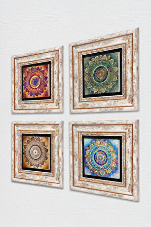 Mandala Taş Duvar Tablosu Çerçeveli Duvar Dekoru 4 Parça Tablo Seti Wall Art