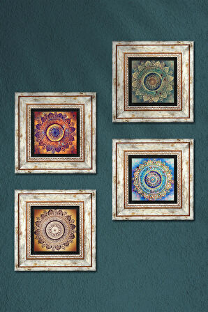Mandala Taş Duvar Tablosu Çerçeveli Duvar Dekoru 4 Parça Tablo Seti Wall Art