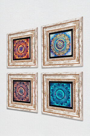 Mandala Taş Duvar Tablosu Çerçeveli Duvar Dekoru 4 Parça Tablo Seti Wall Art