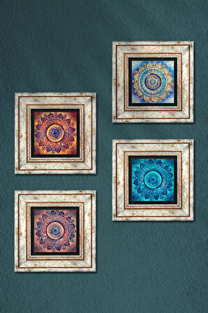 Mandala Taş Duvar Tablosu Çerçeveli Duvar Dekoru 4 Parça Tablo Seti Wall Art