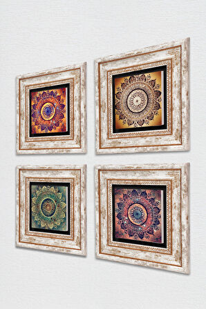 Mandala Taş Duvar Tablosu Çerçeveli Duvar Dekoru 4 Parça Tablo Seti Wall Art