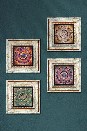 Mandala Taş Duvar Tablosu Çerçeveli Duvar Dekoru 4 Parça Tablo Seti Wall Art