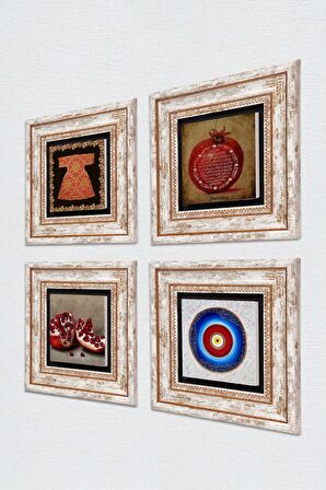 Nazar, Hırka-i Şerif, Bereket Duası, Nar Taş Duvar Tablosu Çerçeveli Duvar Dekoru 4 Parça Tablo Seti Wall Art