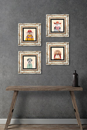 Kirpi, Köpek, Kedi, Koala Taş Duvar Tablosu Çerçeveli Duvar Dekoru 4 Parça Tablo Seti Wall Art