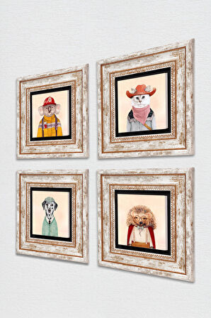 Kirpi, Köpek, Kedi, Koala Taş Duvar Tablosu Çerçeveli Duvar Dekoru 4 Parça Tablo Seti Wall Art