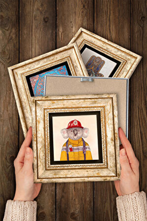 Kirpi, Köpek, Kedi, Koala Taş Duvar Tablosu Çerçeveli Duvar Dekoru 4 Parça Tablo Seti Wall Art