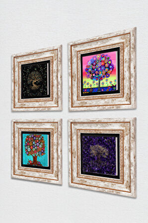 Hayat Ağacı Taş Duvar Tablosu Çerçeveli Duvar Dekoru 4 Parça Tablo Seti Wall Art