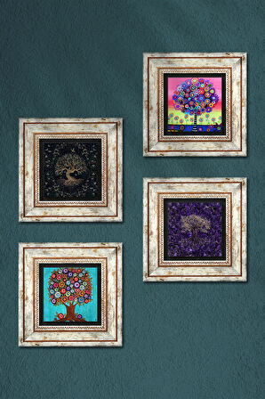 Hayat Ağacı Taş Duvar Tablosu Çerçeveli Duvar Dekoru 4 Parça Tablo Seti Wall Art