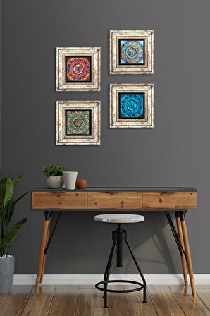 Mandala Taş Duvar Tablosu Çerçeveli Duvar Dekoru 4 Parça Tablo Seti Wall Art