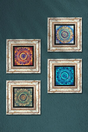Mandala Taş Duvar Tablosu Çerçeveli Duvar Dekoru 4 Parça Tablo Seti Wall Art