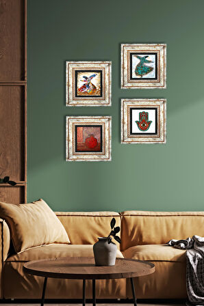 Fatma Ana Eli (Hamsa), Nar, Semazen Taş Duvar Tablosu Çerçeveli Duvar Dekoru 4 Parça Tablo Seti Wall Art