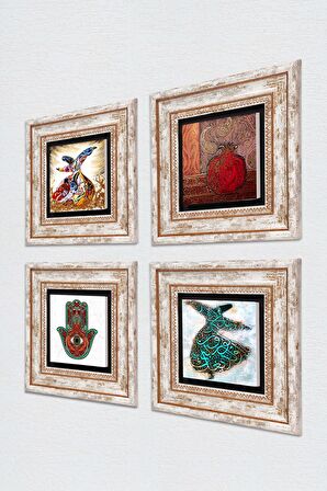 Fatma Ana Eli (Hamsa), Nar, Semazen Taş Duvar Tablosu Çerçeveli Duvar Dekoru 4 Parça Tablo Seti Wall Art