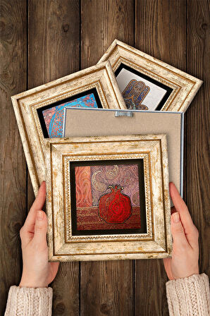 Fatma Ana Eli (Hamsa), Nar, Semazen Taş Duvar Tablosu Çerçeveli Duvar Dekoru 4 Parça Tablo Seti Wall Art