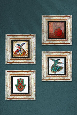 Fatma Ana Eli (Hamsa), Nar, Semazen Taş Duvar Tablosu Çerçeveli Duvar Dekoru 4 Parça Tablo Seti Wall Art