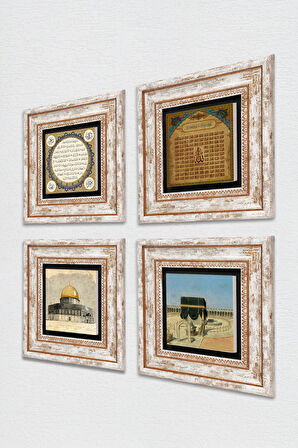 Kabe-i Muazzama, Mescid-i Aksa, Esma'ül Hüsna, Hilye-i Şerif Taş Duvar Tablosu Çerçeveli Duvar Dekoru 4 Parça Tablo Seti Wall Art
