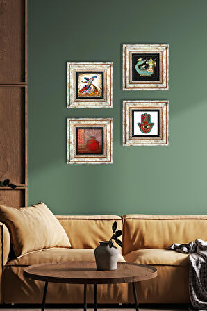 Fatma Ana Eli (Hamsa), Nar, Şahmeran, Semazen Taş Duvar Tablosu Çerçeveli Duvar Dekoru 4 Parça Tablo Seti Wall Art