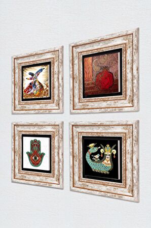Fatma Ana Eli (Hamsa), Nar, Şahmeran, Semazen Taş Duvar Tablosu Çerçeveli Duvar Dekoru 4 Parça Tablo Seti Wall Art